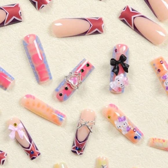 24PCS Long Coffin Nail Patch Multi-Color Rendering Cute Stereo Nails 3D Bow Star - Picture 3 of 4